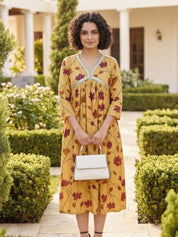 Women Handmade Floral Print Cotton Blend Flared Yellow Dress (W1593)