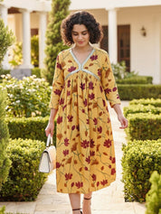 Women Handmade Floral Print Cotton Blend Flared Yellow Dress (W1593)