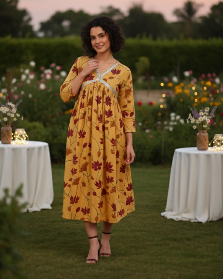 Women Handmade Floral Print Cotton Blend Flared Yellow Dress (W1593)