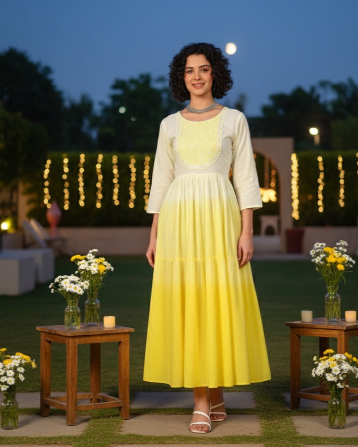 Women Handmade Embroidered Cotton Blend Flared Yellow Dress (W1601)