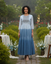 Women Handmade Embroidered Cotton Blend Flared Light Blue Dress (W1602)