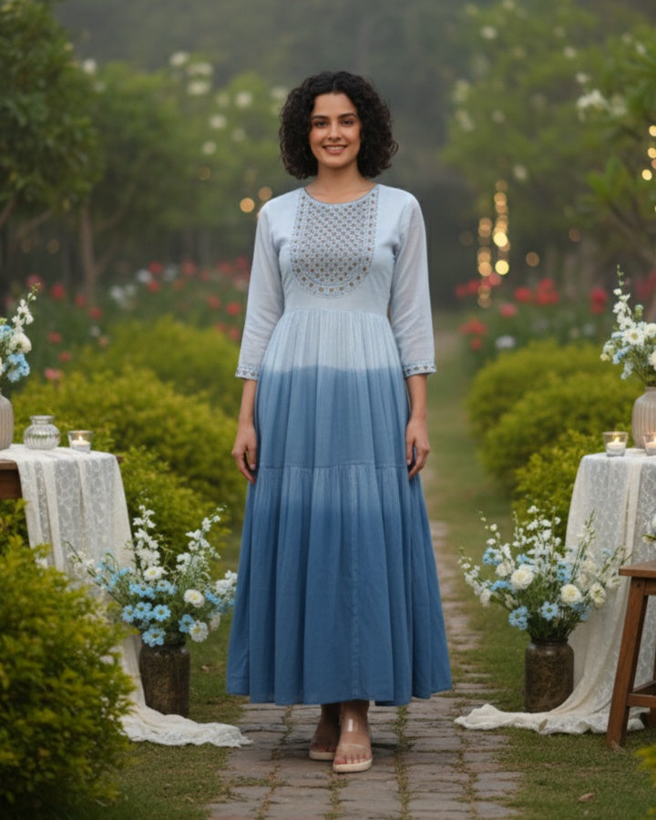 Women Handmade Embroidered Cotton Blend Flared Light Blue Dress (W1602)