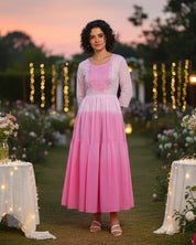Women Handmade Embroidered Cotton Blend Flared Pink Dress (W1603)