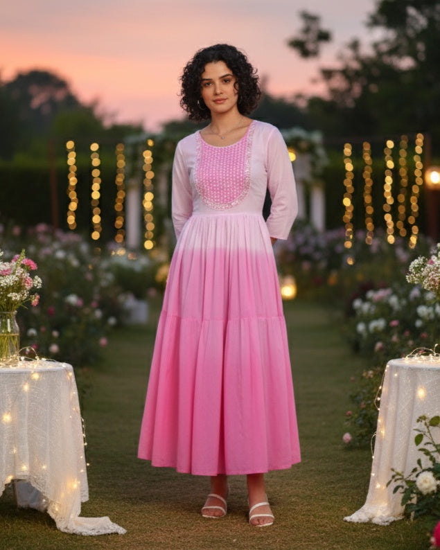 Women Handmade Embroidered Cotton Blend Flared Pink Dress (W1603)