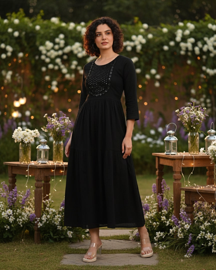 Women Handmade Embroidered Cotton Blend Flared Black Dress (W1604)
