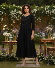 Women Handmade Embroidered Cotton Blend Flared Black Dress (W1604)