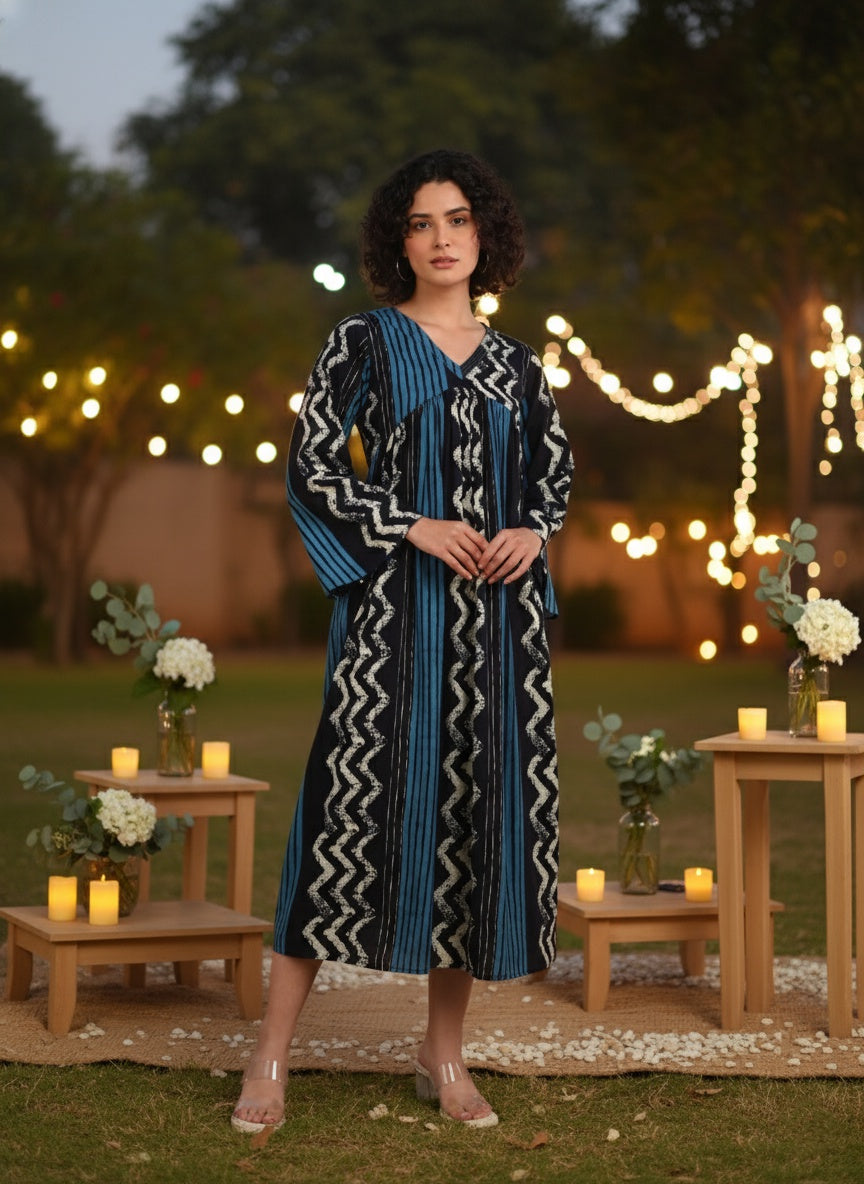 Women Handmade Floral Print Cotton Blend Flared Black Dress (W1611)