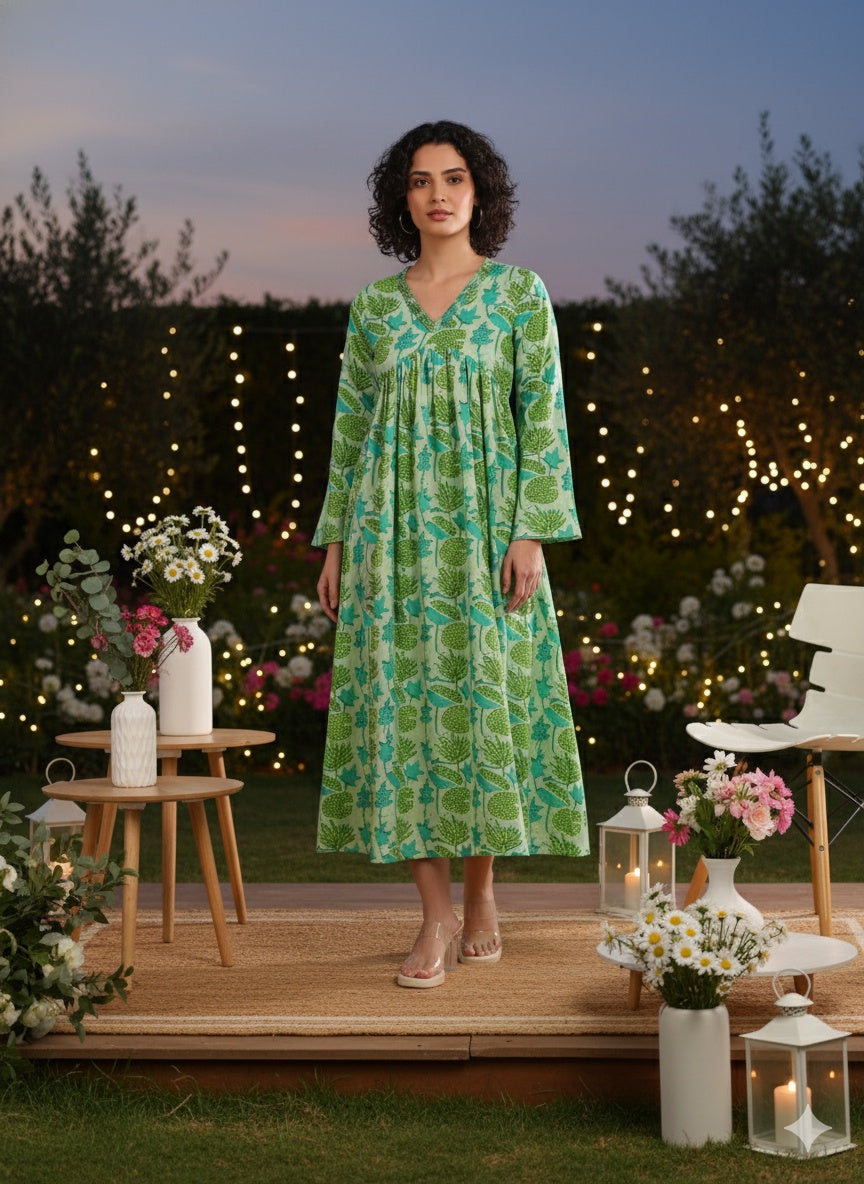 Women Handmade Floral Print Cotton Blend Flared Light green Dress (W1612)