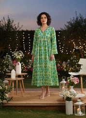 Women Handmade Floral Print Cotton Blend Flared Light green Dress (W1612)