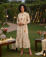 Women Handmade Floral Cotton Blend Flared Yellow Dress (W1613)