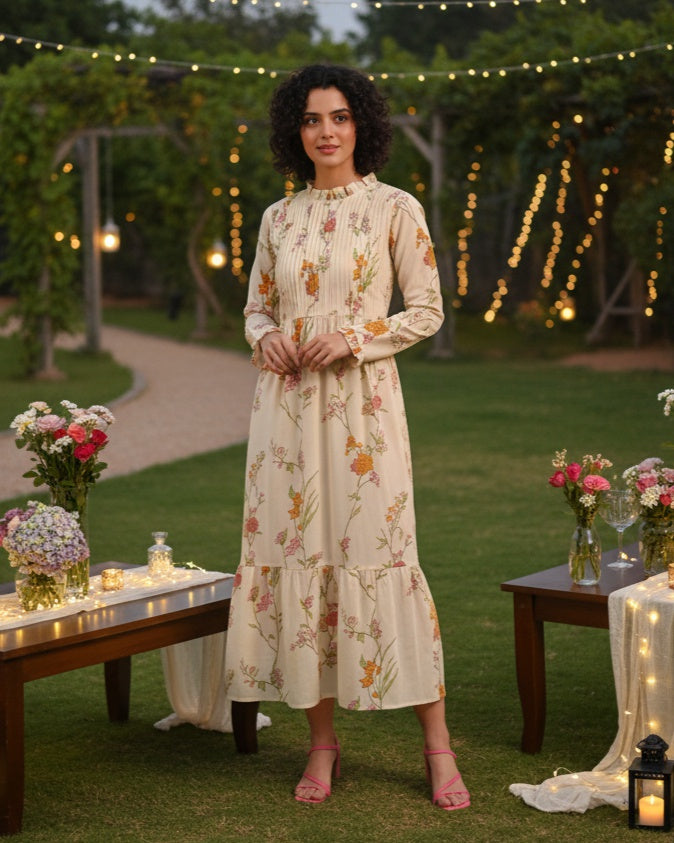 Women Handmade Floral Cotton Blend Flared Yellow Dress (W1613)