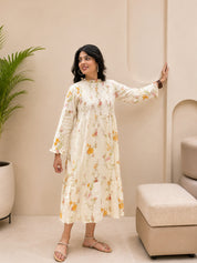 Women Handmade Floral Printed Cotton Flared Yellow Dress (W1613)