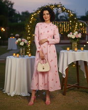 Women Handmade Floral Cotton Blend Flared Pink Dress (W1614)