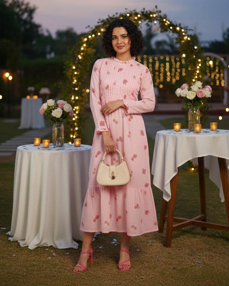 Women Handmade Floral Cotton Blend Flared Pink Dress (W1614)