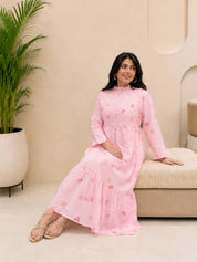 Women Handmade Floral Printed Cotton Flared Pink Dress (W1614)