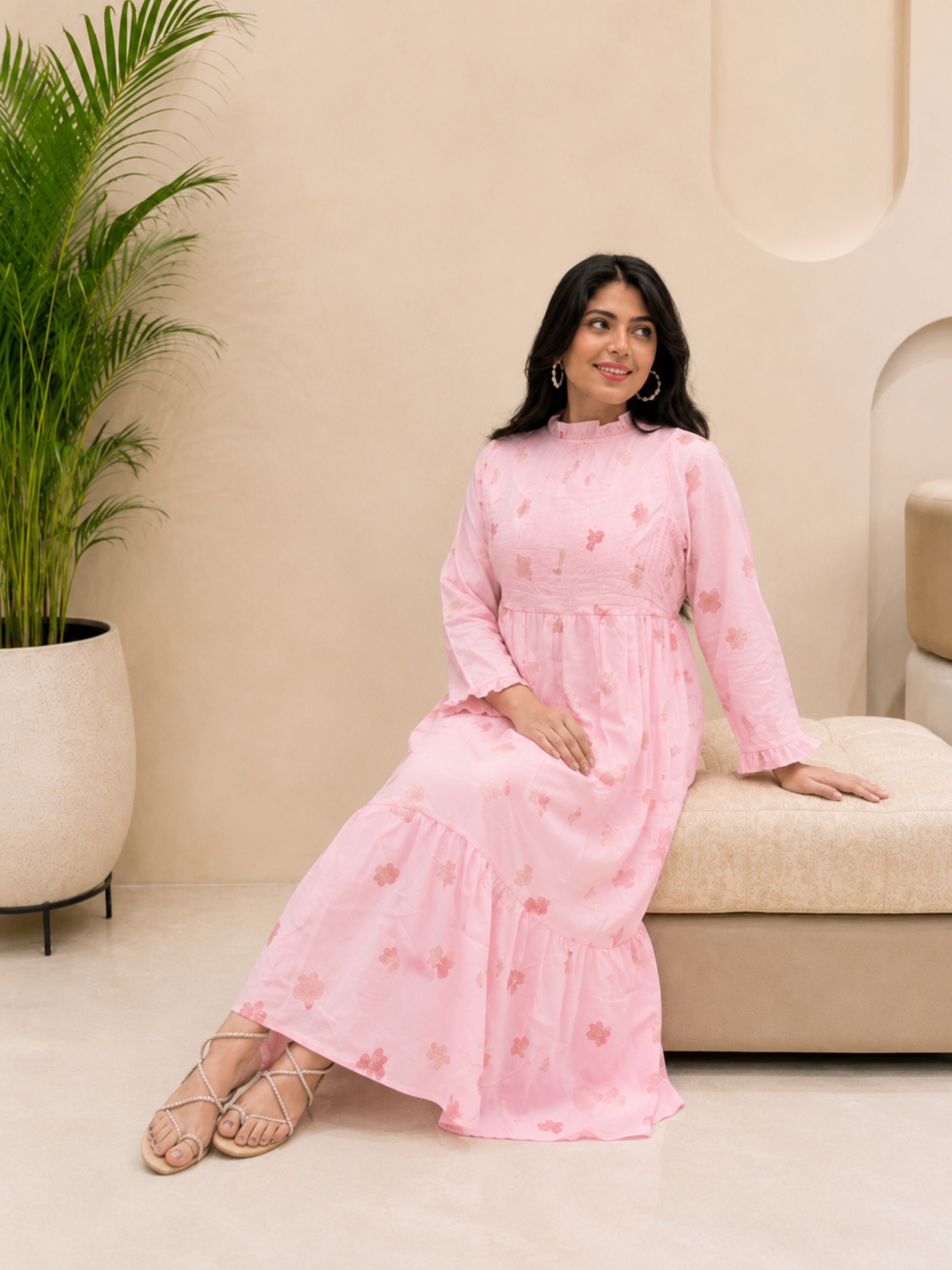 Women Handmade Floral Printed Cotton Flared Pink Dress (W1614)
