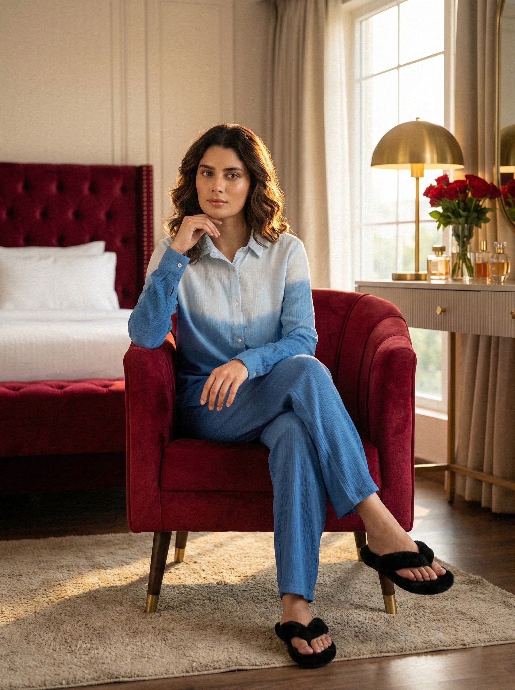 Women Handmade Rayon Crepe Straight Blue Co-ord Set (W1619)