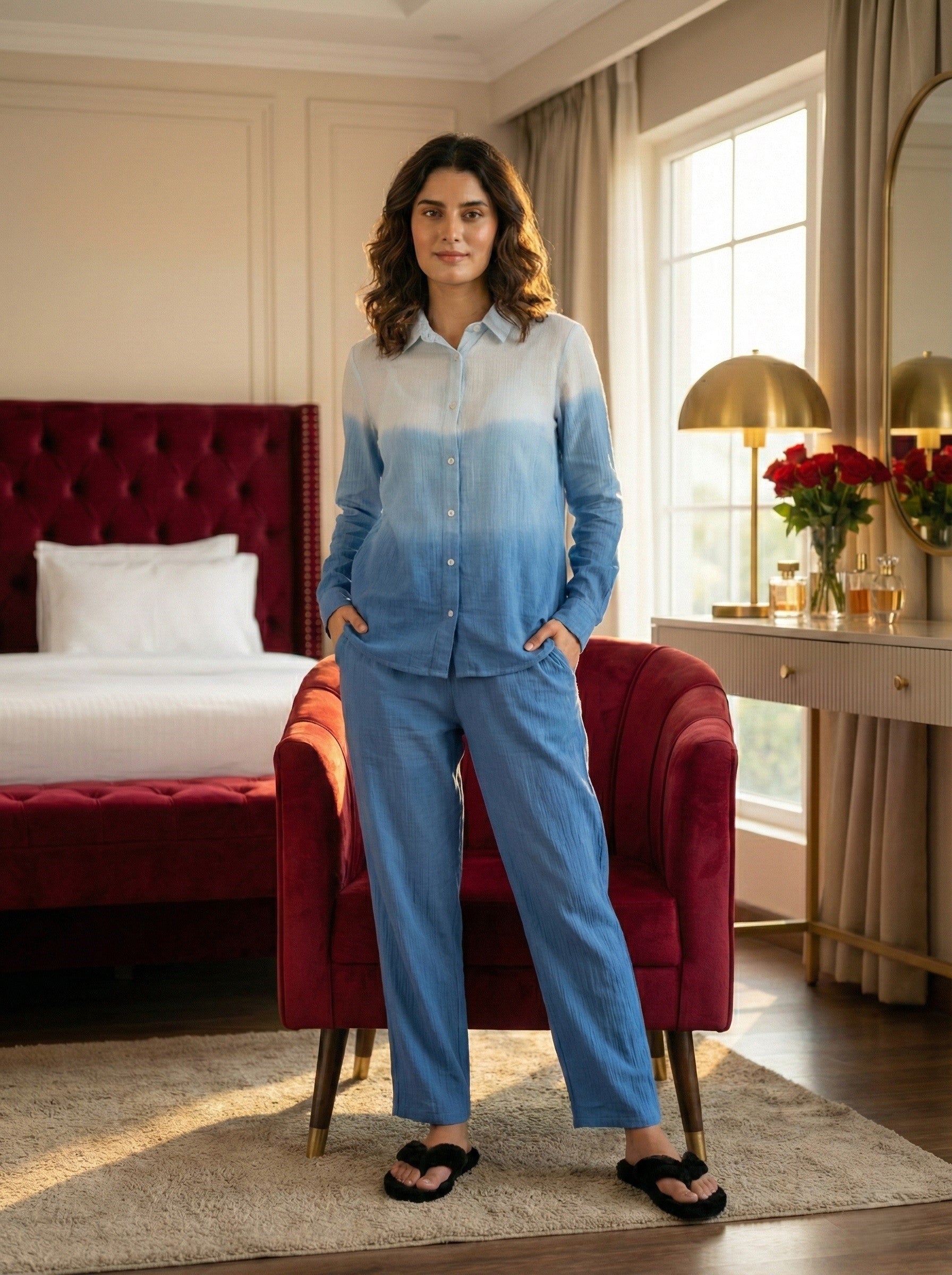 Women Handmade Rayon Crepe Straight Blue Co-ord Set (W1619)