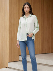 Women Handmade Tie-Dye Rayon White Green Shirt (W1629)
