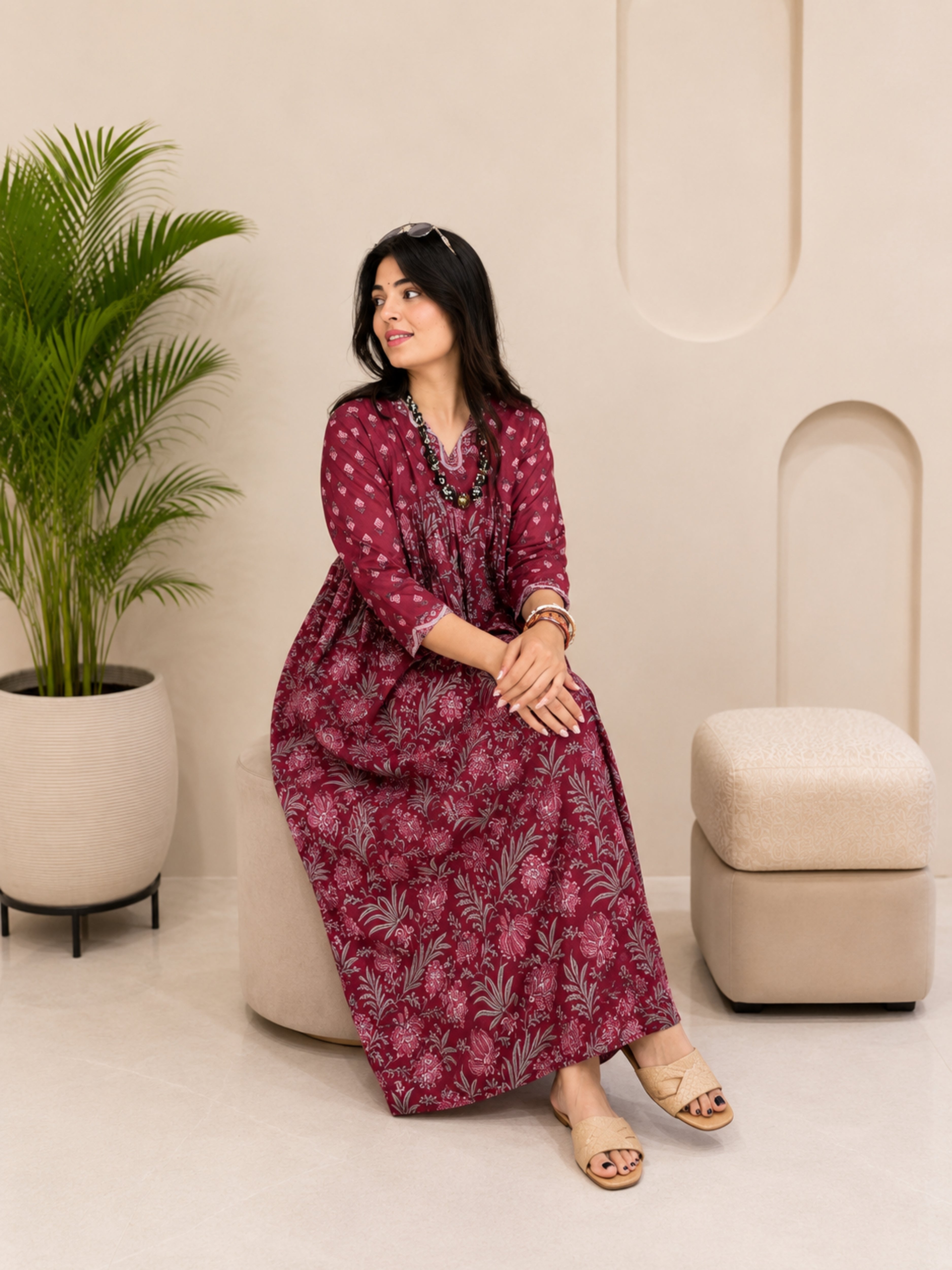 Women Floral Printed Cotton Flared/A-Line Dress (W1669)