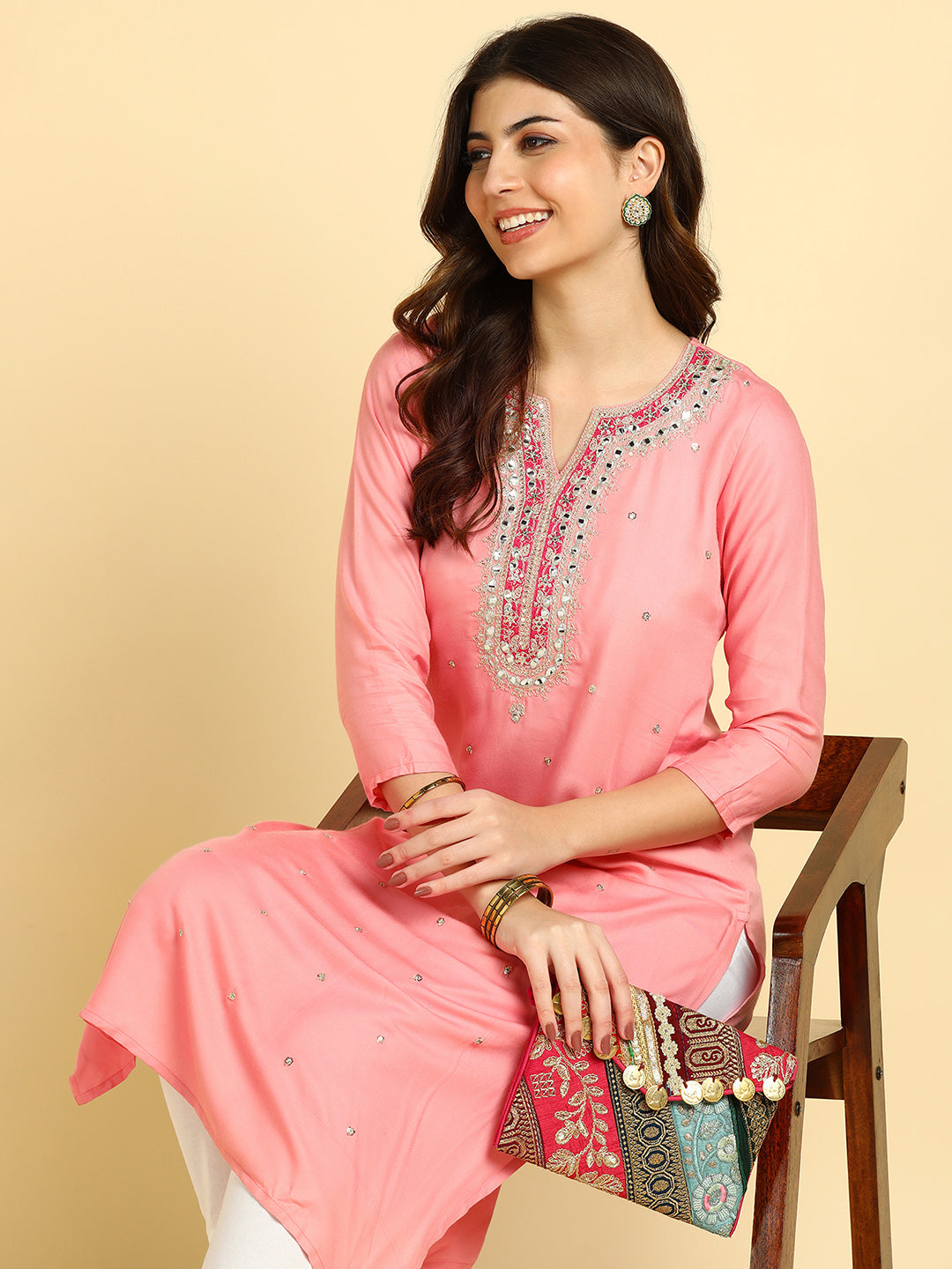 Women Casual Rayon Straight Embroidered Kurta (W1672)