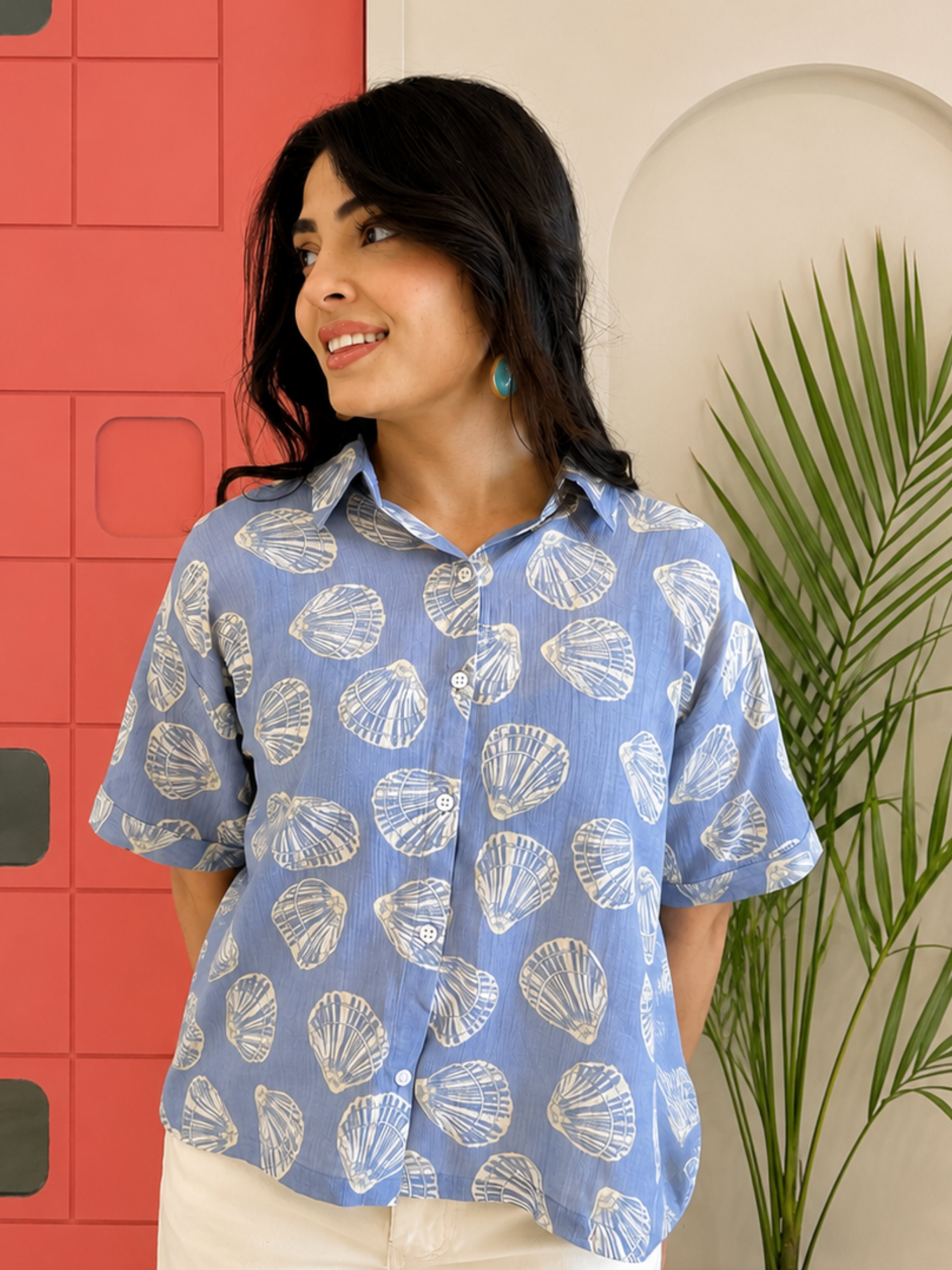Women Casual Cotton Printed Spread Collar Half Sleeves Regular Fit Shirt (W1682)