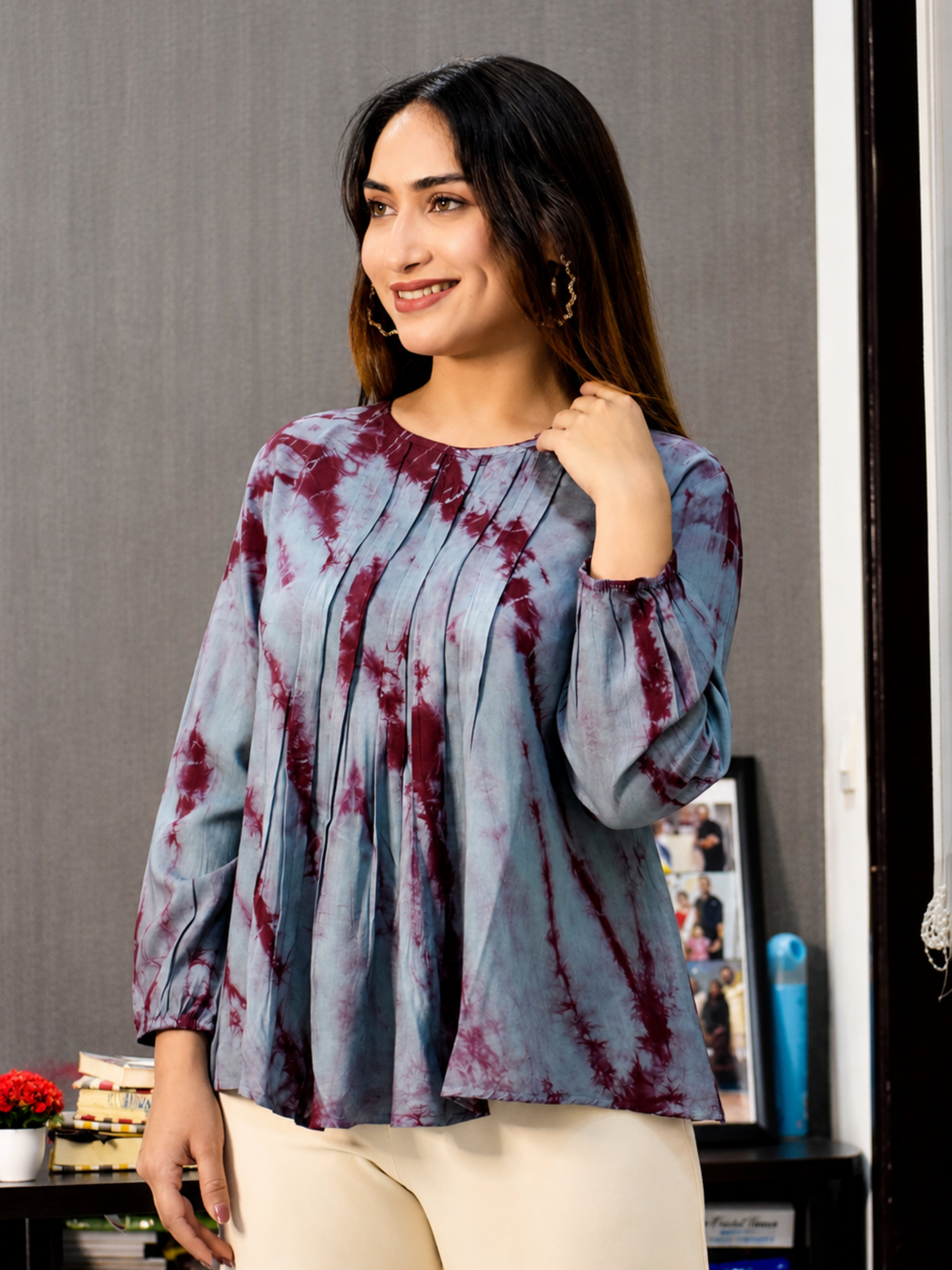 Women Rayon Tie & Dye Casual Regular Fit Top (W1716)