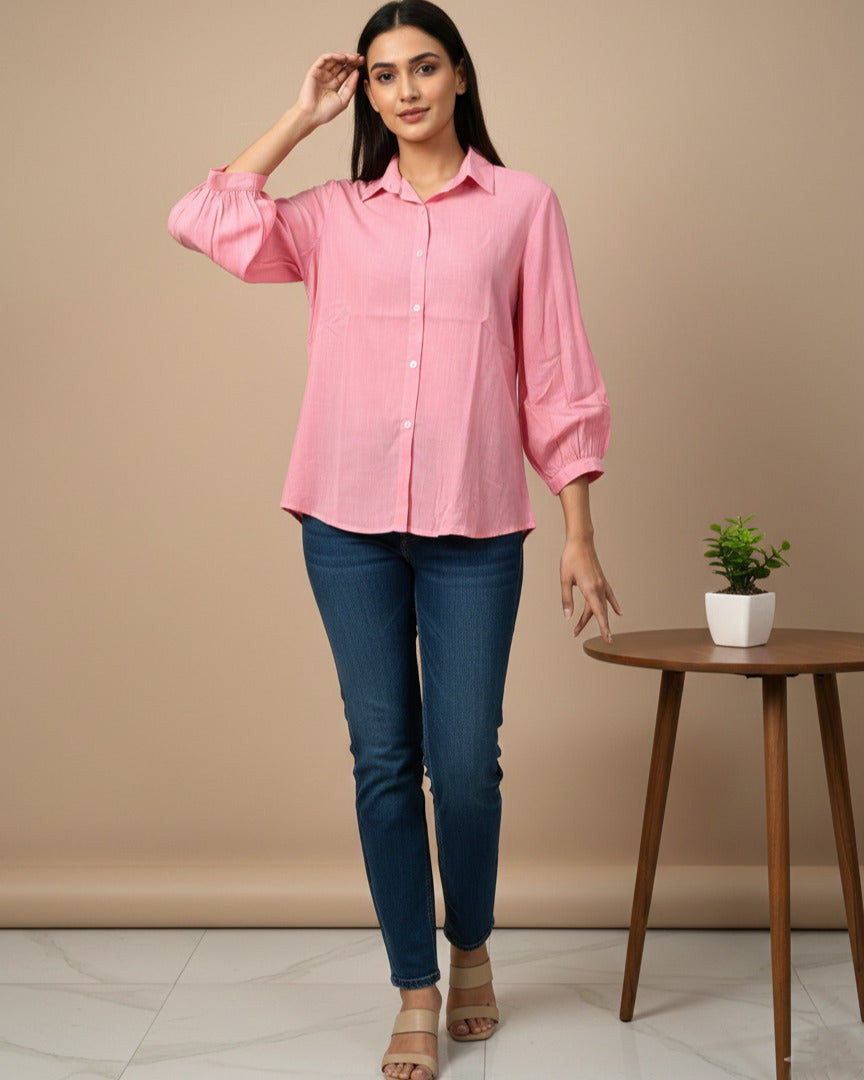 Women Rayon Slub Solid Spread Collar Regular Fit Shirt (W1741)