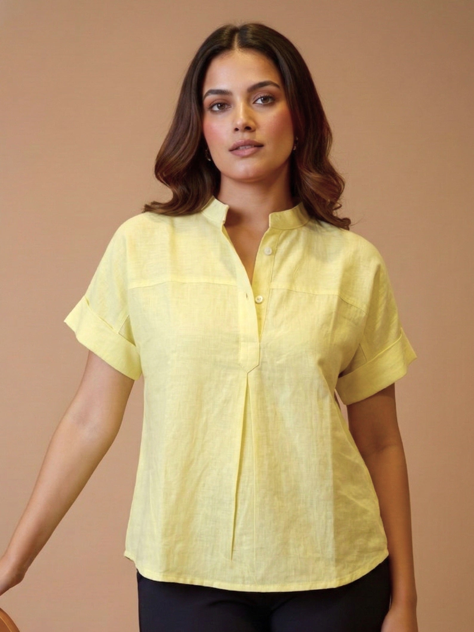 Women Rayon Slub Solid Mandarin Collar Regular Fit Top (W1742)