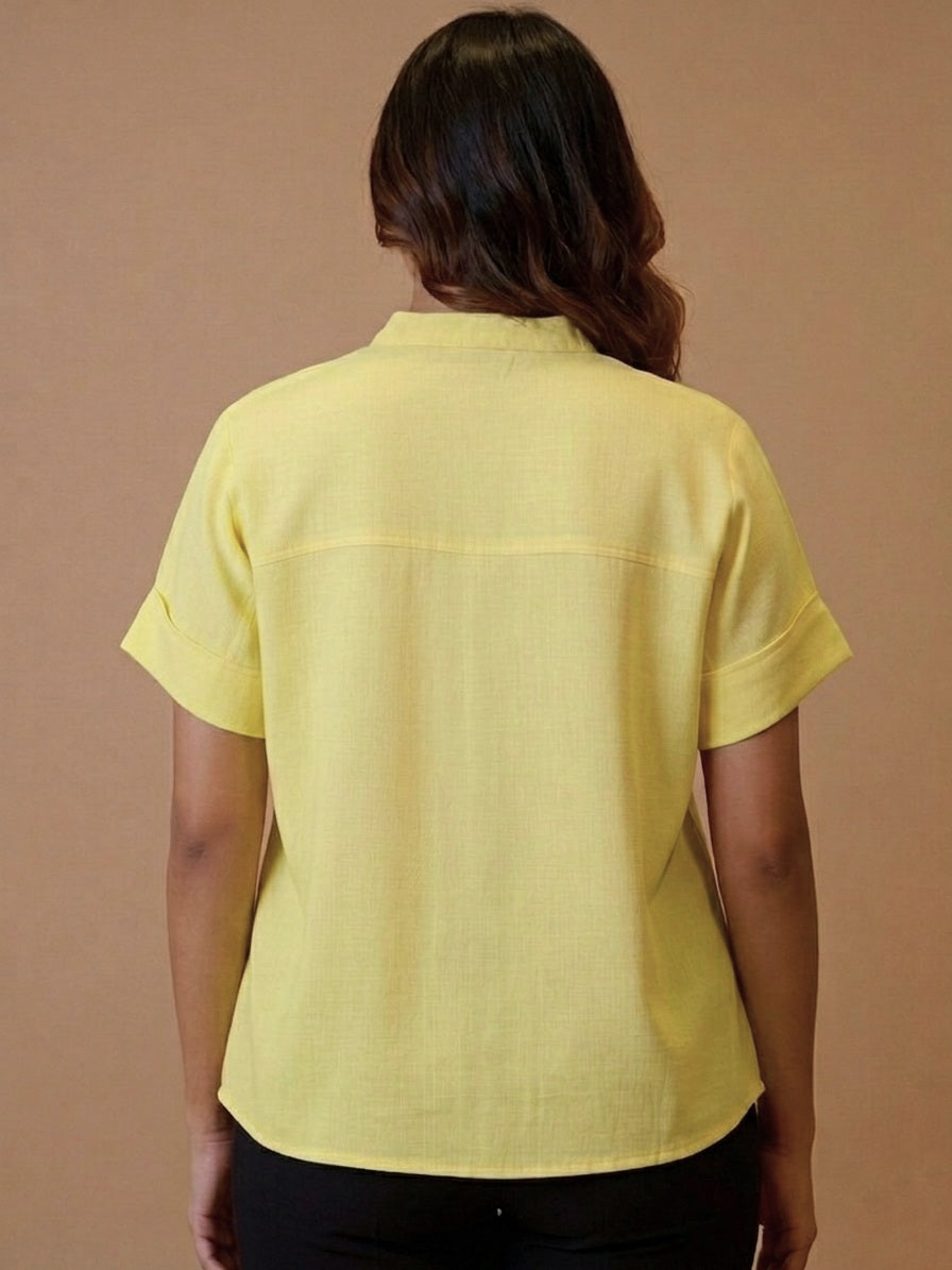 Women Rayon Slub Solid Mandarin Collar Regular Fit Top (W1742)