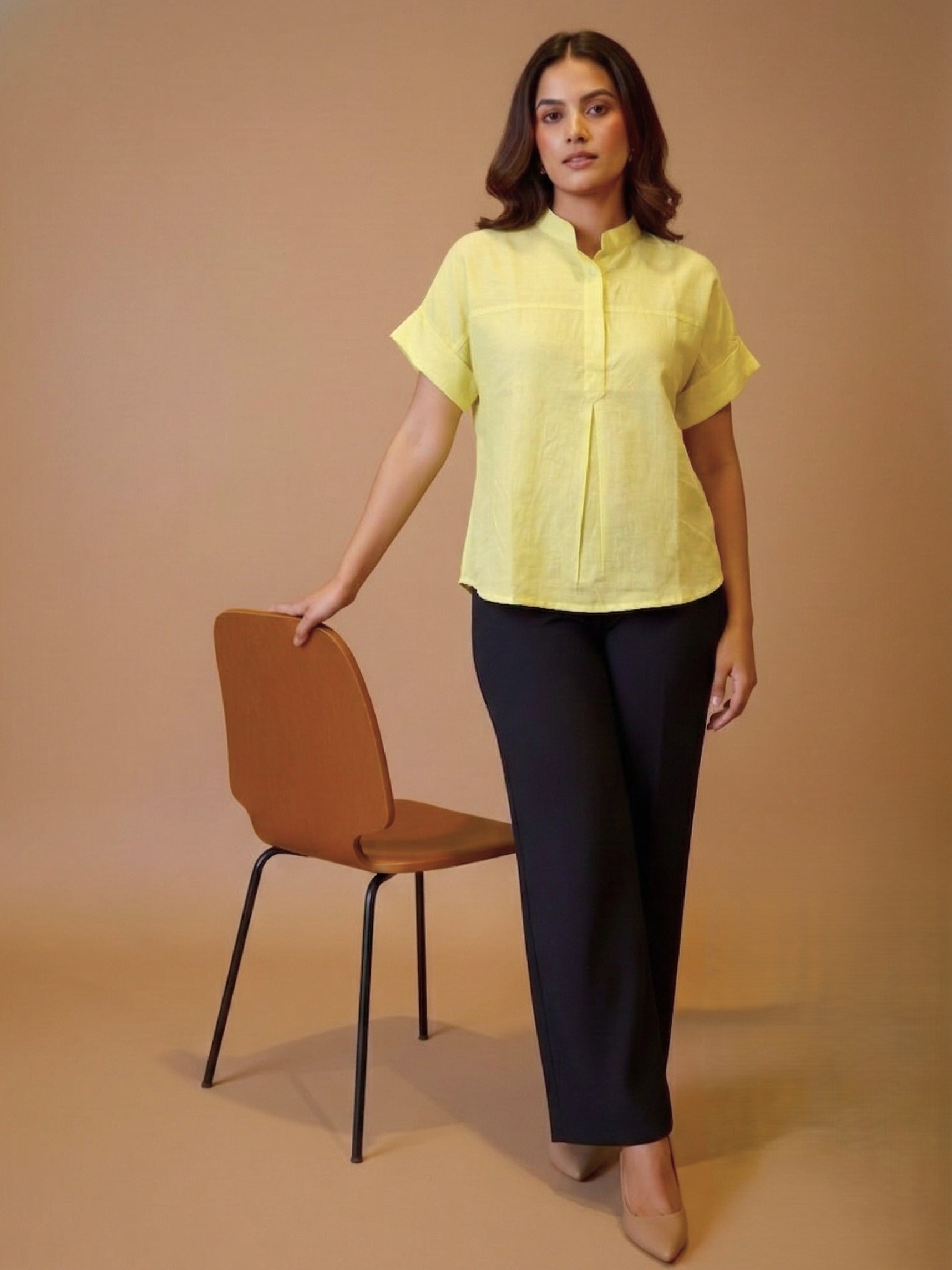 Women Rayon Slub Solid Mandarin Collar Regular Fit Top (W1742)