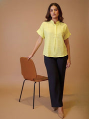 Women Rayon Slub Solid Mandarin Collar Regular Fit Top (W1742)