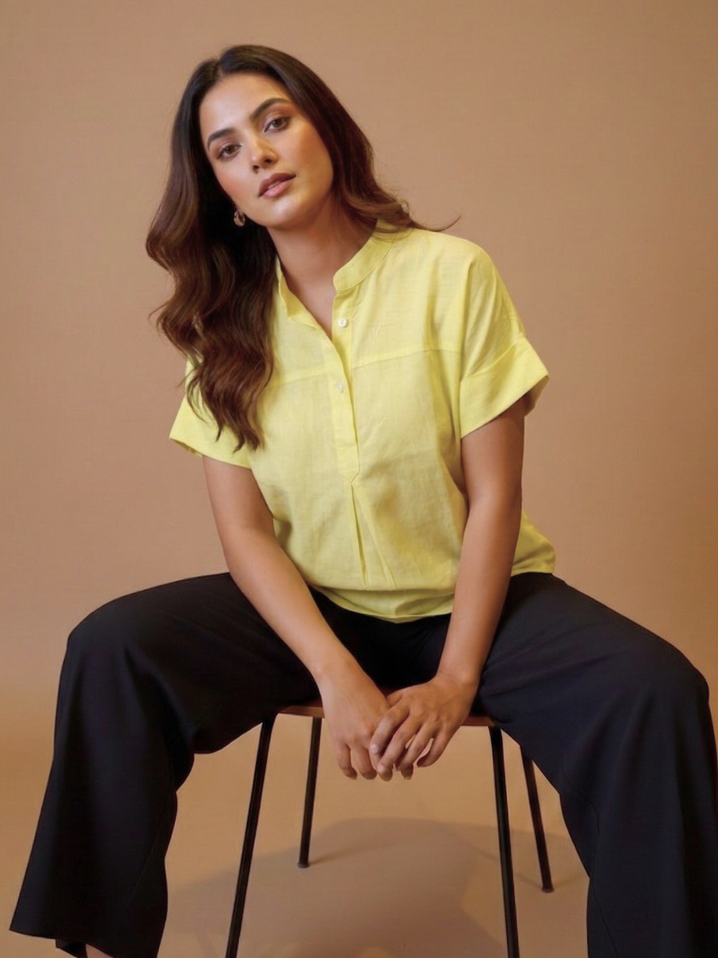 Women Rayon Slub Solid Mandarin Collar Regular Fit Top (W1742)