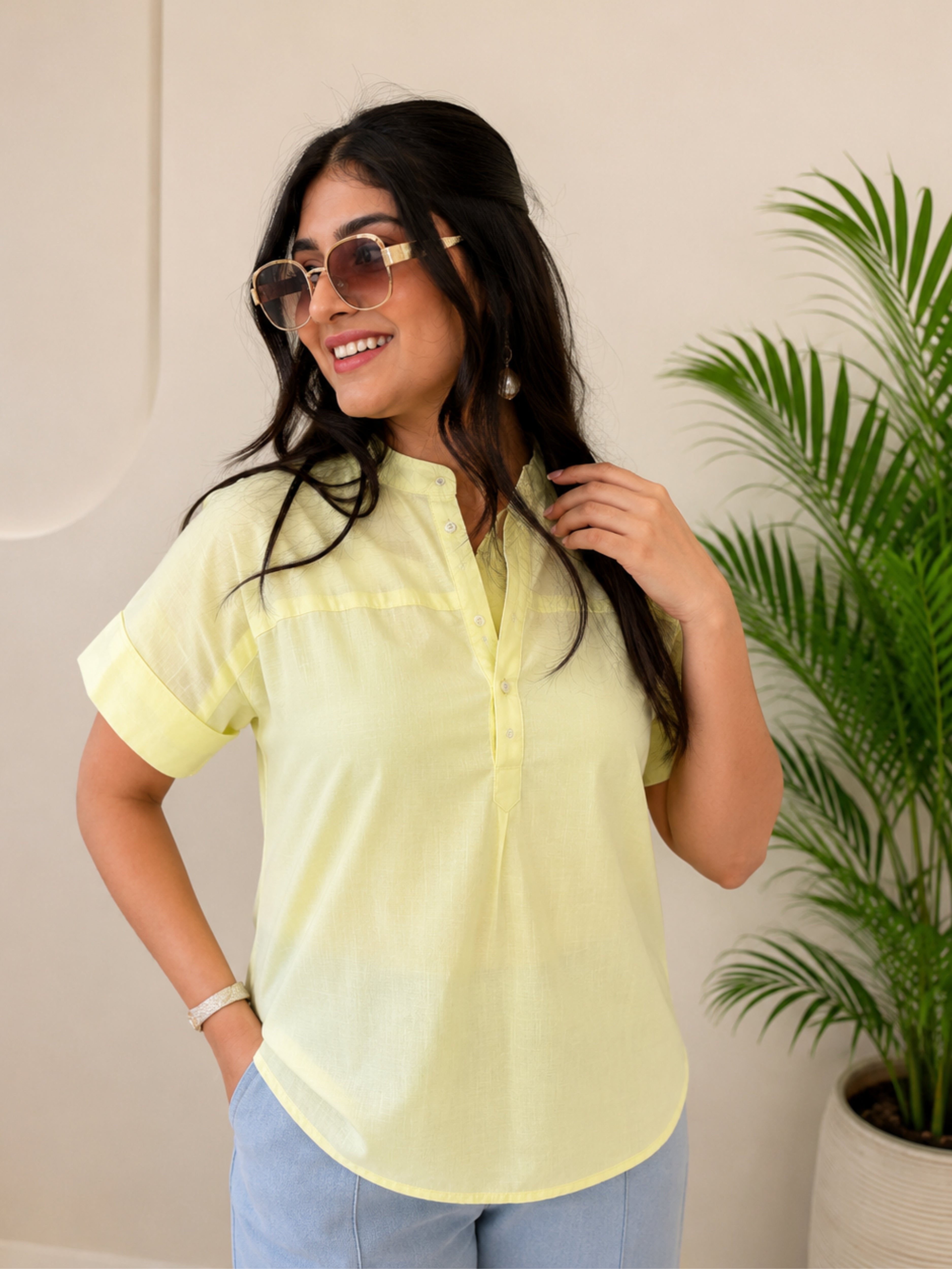 Women Rayon Solid Mandarin Collar Casual Regular Fit Top (W1742)
