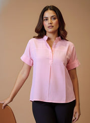 Women Rayon Slub Solid Mandarin Collar Regular Fit Top (W1743)