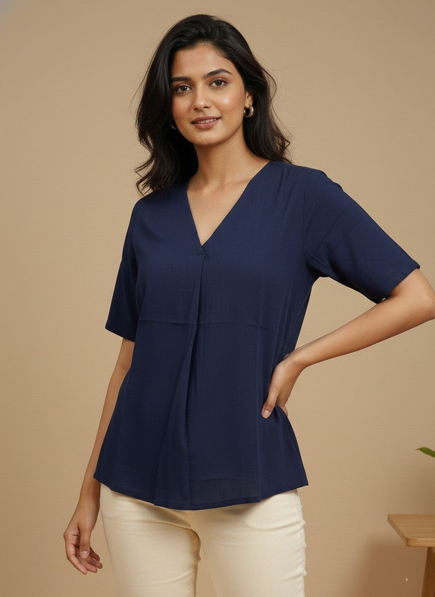 Women Rayon Slub Solid V-Neck Regular Fit Top (W1744)