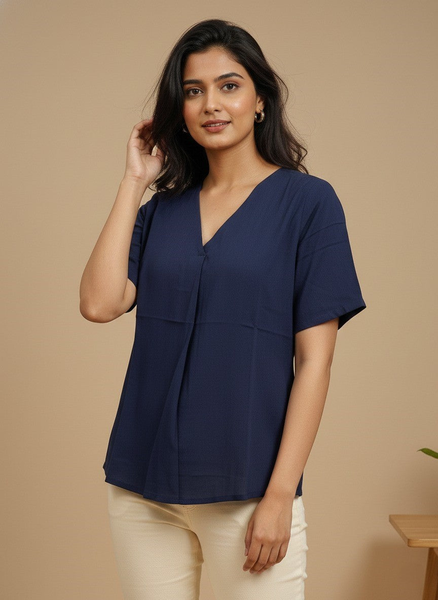 Women Rayon Slub Solid V-Neck Regular Fit Top (W1744)