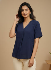 Women Rayon Slub Solid V-Neck Regular Fit Top (W1744)