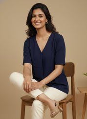 Women Rayon Slub Solid V-Neck Regular Fit Top (W1744)