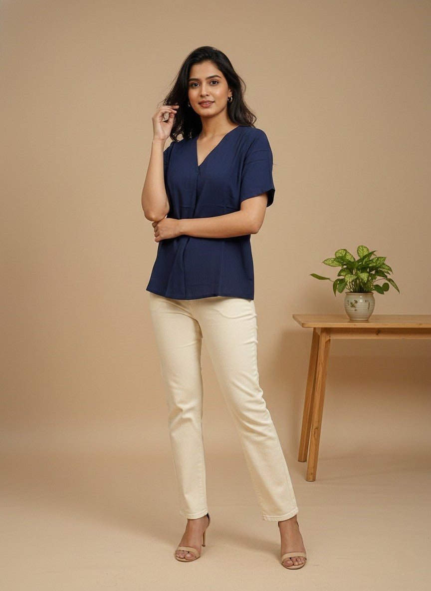 Women Rayon Slub Solid V-Neck Regular Fit Top (W1744)