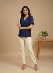 Women Rayon Slub Solid V-Neck Regular Fit Top (W1744)