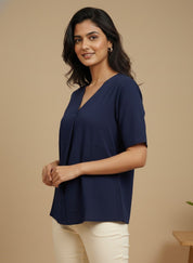 Women Rayon Slub Solid V-Neck Regular Fit Top (W1744)