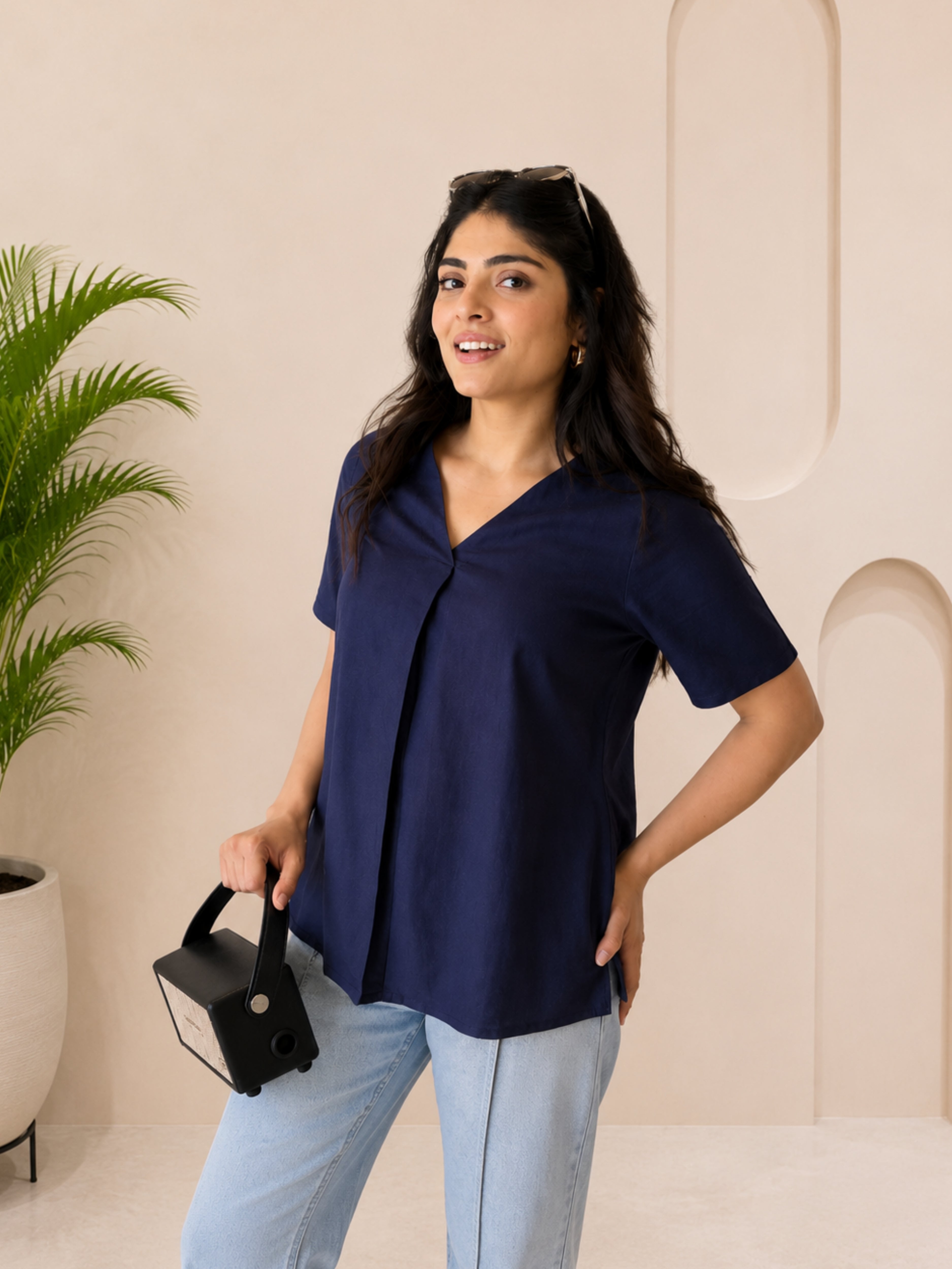 Women Rayon Solid V-Neck Casual Regular Fit Top (W1744)