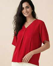 Women Rayon Slub Solid V-Neck Regular Fit Top (W1745)