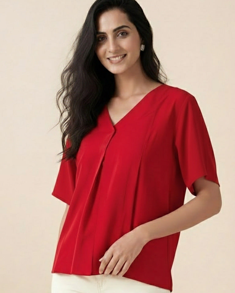 Women Rayon Slub Solid V-Neck Regular Fit Top (W1745)