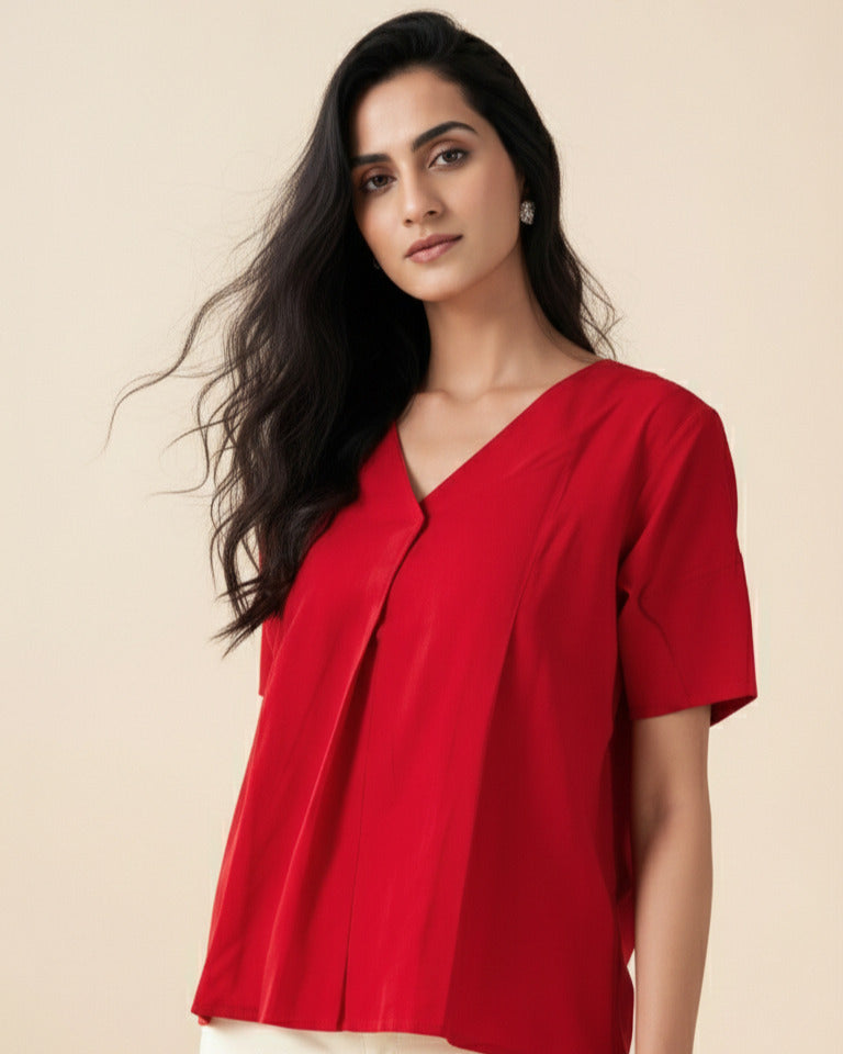 Women Rayon Slub Solid V-Neck Regular Fit Top (W1745)