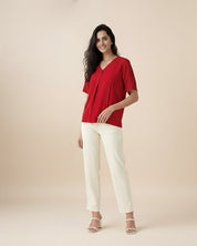 Women Rayon Slub Solid V-Neck Regular Fit Top (W1745)