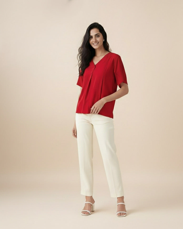 Women Rayon Slub Solid V-Neck Regular Fit Top (W1745)