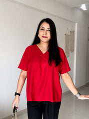 Women Rayon Slub Solid V-Neck Regular Fit Casual Top (W1745)