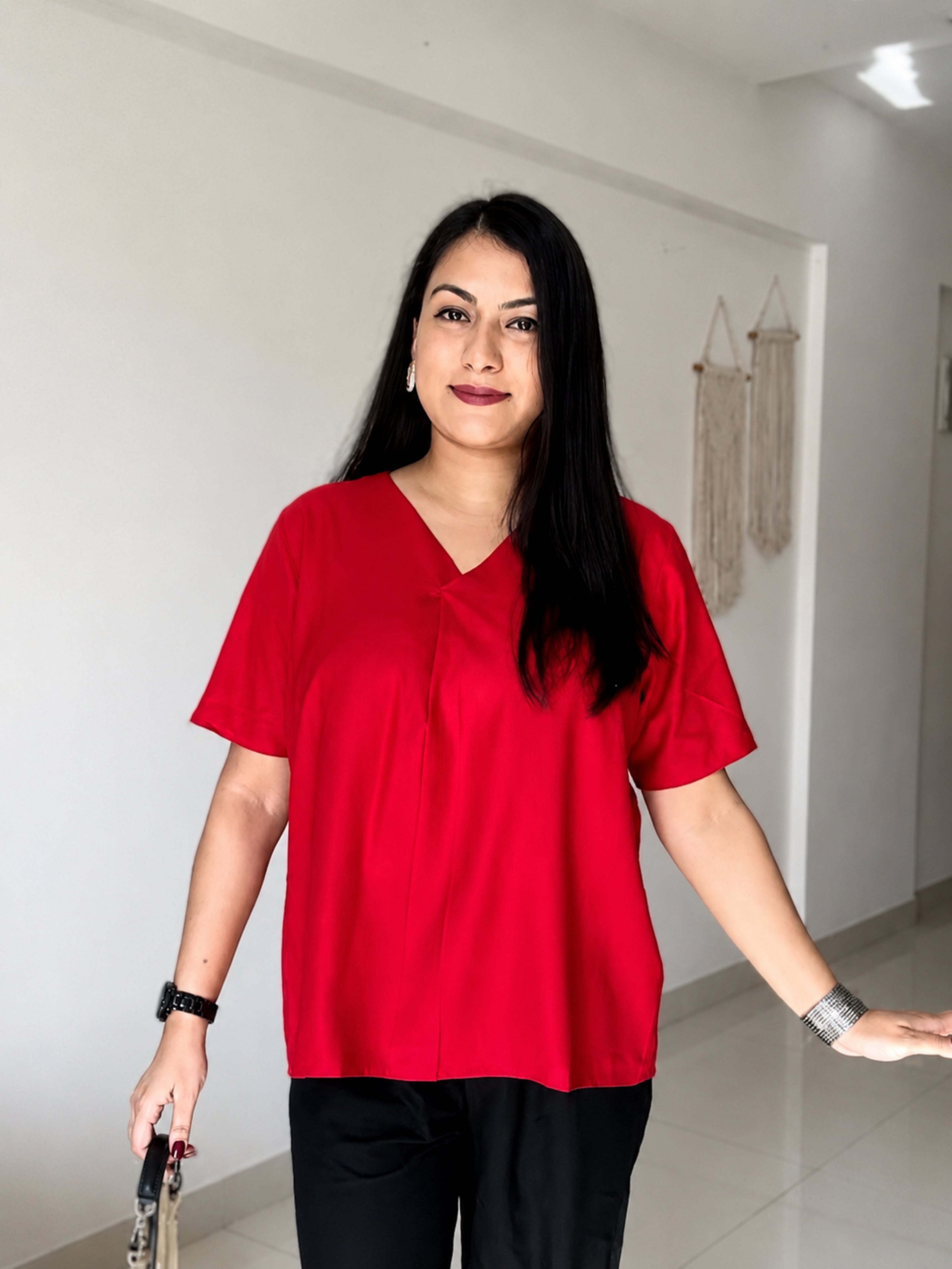 Women Rayon Slub Solid V-Neck Regular Fit Casual Top (W1745)